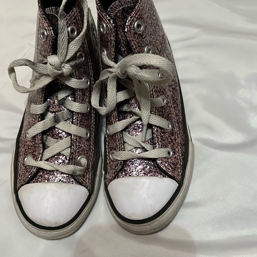 Converse Big Kids High-Top Sneakers - Glittery Pink and Black.